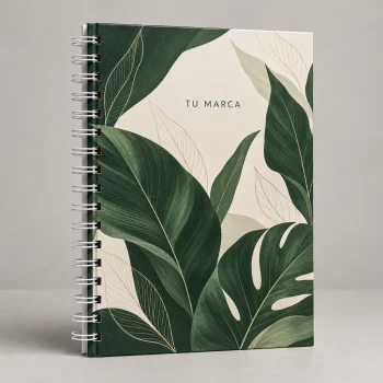 Cuaderno personalizado de tapa dura 17,5x24 cm con portada botánica verde y anillado Wire-o blanco.