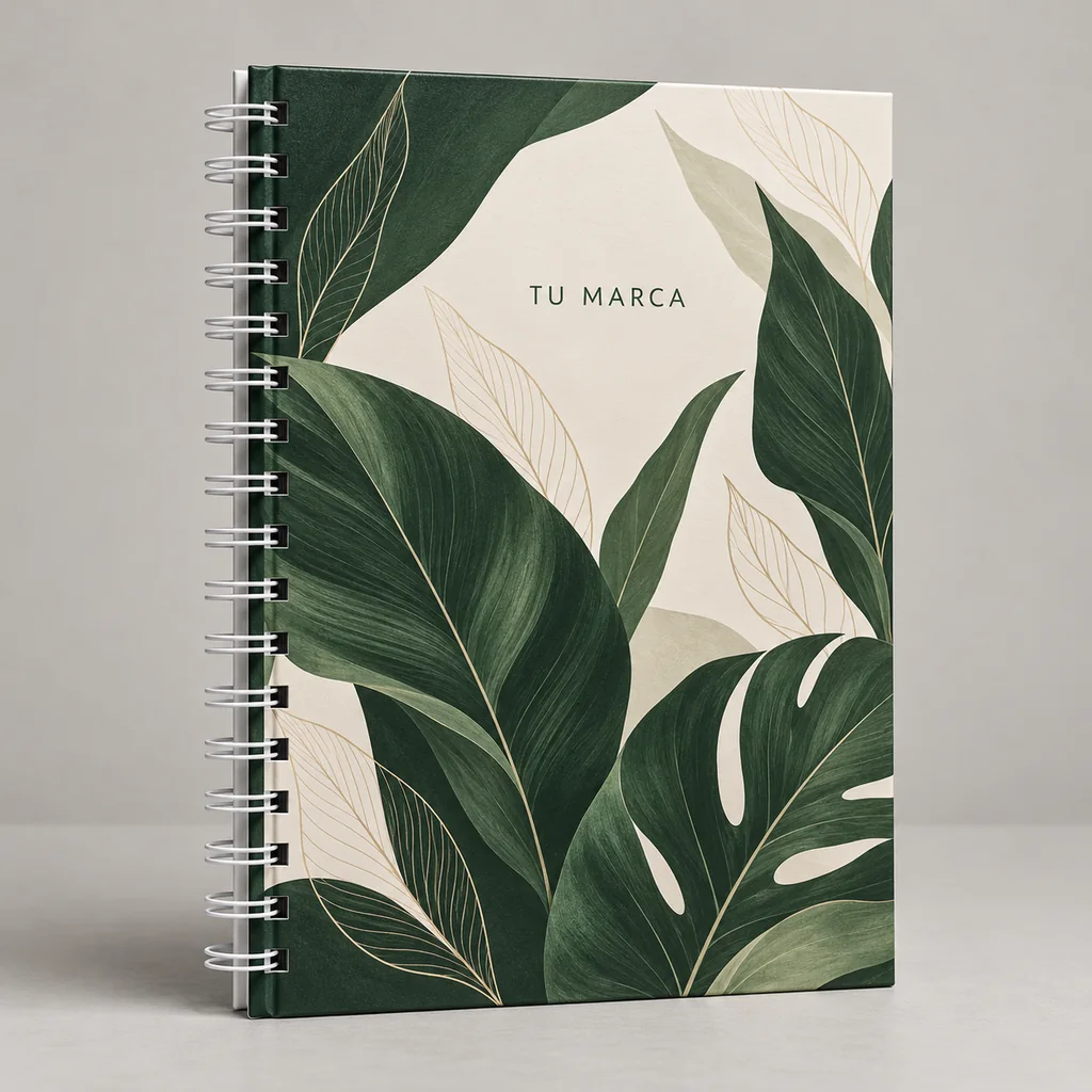 Cuaderno Personalizado 17,5x24 cm Cuaderno personalizado de tapa dura 17,5x24 cm con portada botánica verde y anillado Wire-o blanco.