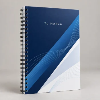 Cuaderno personalizado de tapa dura 19x27,5 cm con portada corporativa azul y anillado Wire-o negro.