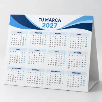 Calendario de mesa 2027 de 25 por 19 cm con base triangular y diseño azul personalizado.