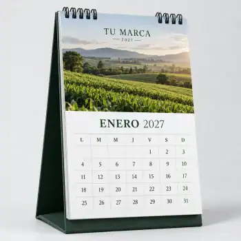 Calendario de mesa Premium vertical 2027 de 13 por 19 cm con hojas mensuales, diseño agro verde y anillos separados.