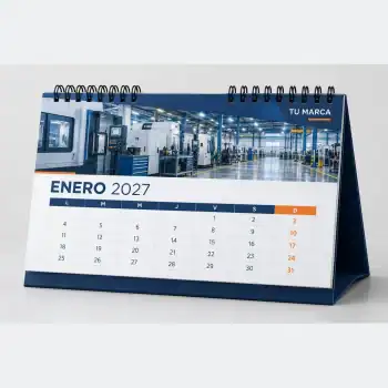 Calendario de mesa Premium horizontal 2027 de 21 por 16,5 cm con temática industrial azul y hojas mensuales.