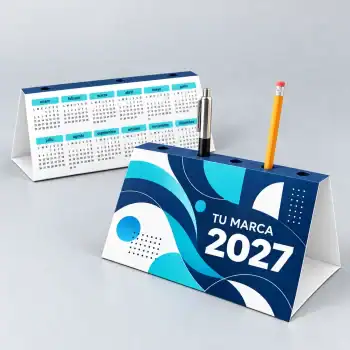 Calendario de mesa troquelado 2027 de 25 por 13 cm, diseño turquesa y orificios para bolígrafos.