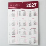 Calendario de pared anual 2027 de 33 por 48 cm en una sola hoja, diseño bordó y perforación superior.