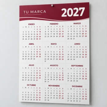 Calendario de pared anual 2027 de 33 por 48 cm en una sola hoja, diseño bordó y perforación superior.