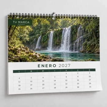 Calendario de pared Premium horizontal 2027 de 30 por 23 cm con hojas mensuales, espiral y fotografía de cascada.