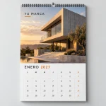 Calendario de pared Premium vertical 2027 de 30 por 45 cm con espiral, hojas mensuales y diseño de arquitectura.