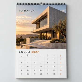 Calendario de pared Premium vertical 2027 de 30 por 45 cm con espiral, hojas mensuales y diseño de arquitectura.
