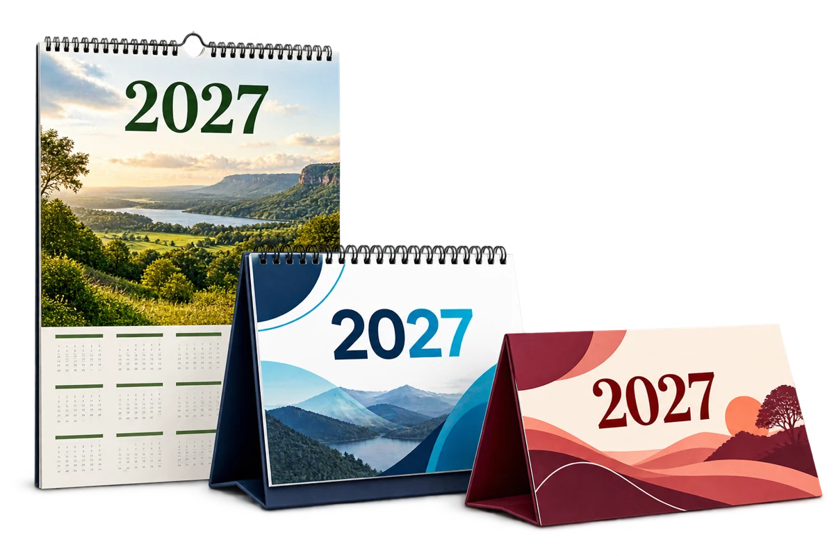 Calendarios 2027 de pared y mesa con diseños verde, azul y coral