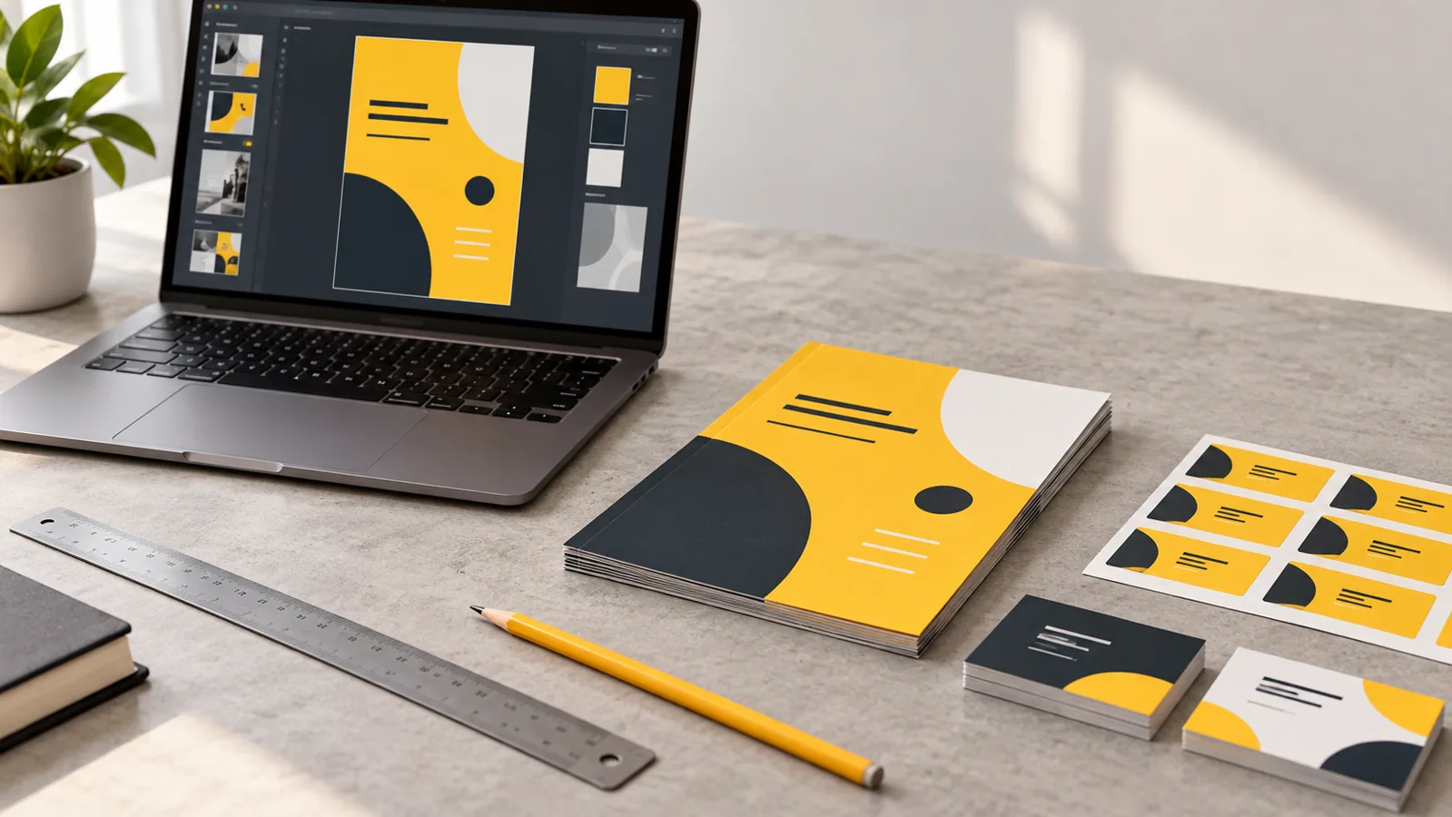 Imagen ilustrativa de preparación de un diseño para impresión: computadora, volantes, tarjetas personales y etiquetas en amarillo y negro.