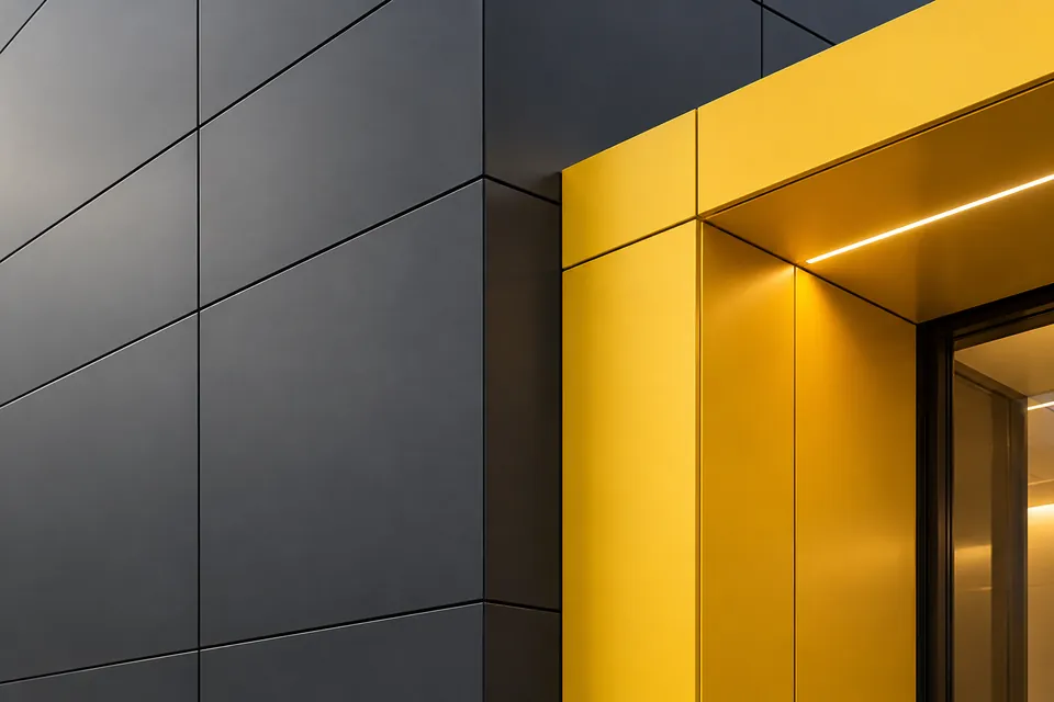 Visualización ilustrativa de uniones y pliegues de paneles ACM gris oscuro y amarillo